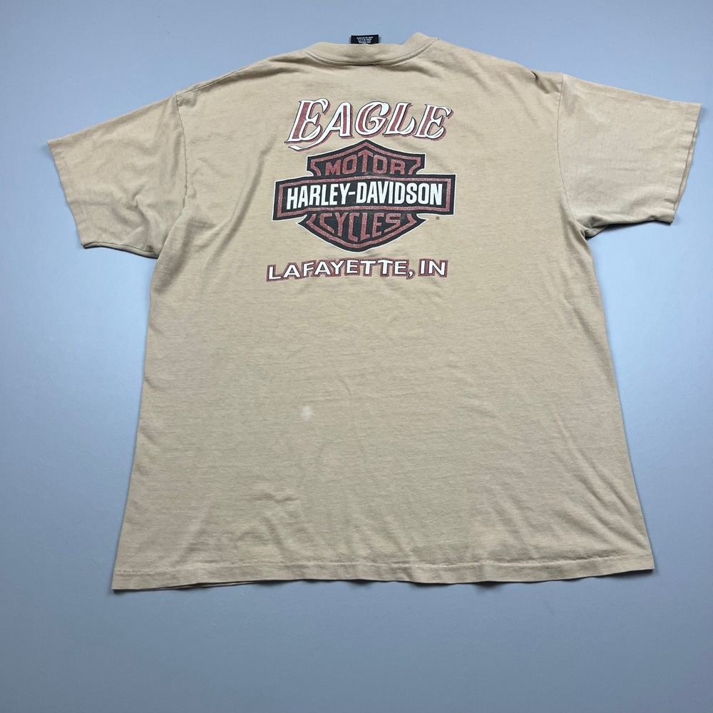 Harley Davidson T-Shirt Mens XL Tan 1996 Vintage Eagle Lafayette IN Biker Faded